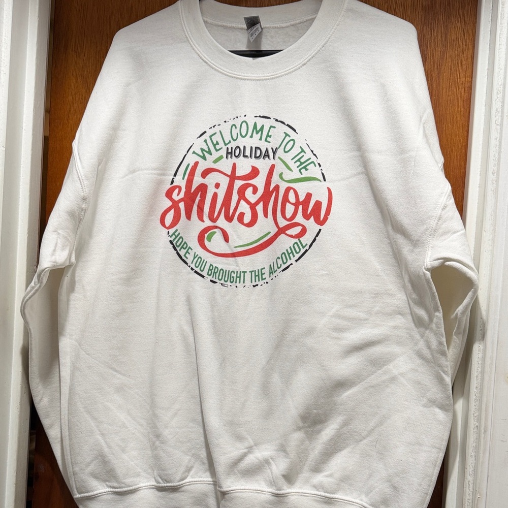 Gildan White Holiday Sweatshirt with Red and Green Design